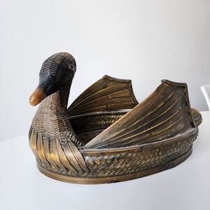 Swan Vintage Woven Bamboo Basket Brown Handcrafted Decorative Bird Storage Decir